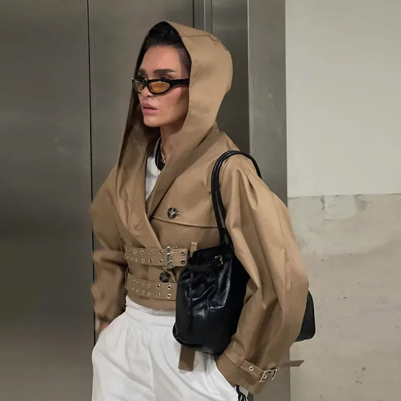 Khaki Cotton Blended Double Breasted Puff Sleeve Coat For Women