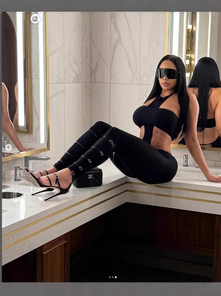 FAGADOER Y2k Sexy Two Piece Outfits Woman Halter Sleeveless Backless Crop Top and Skiny Pants Suits Female Streetwear Clothing