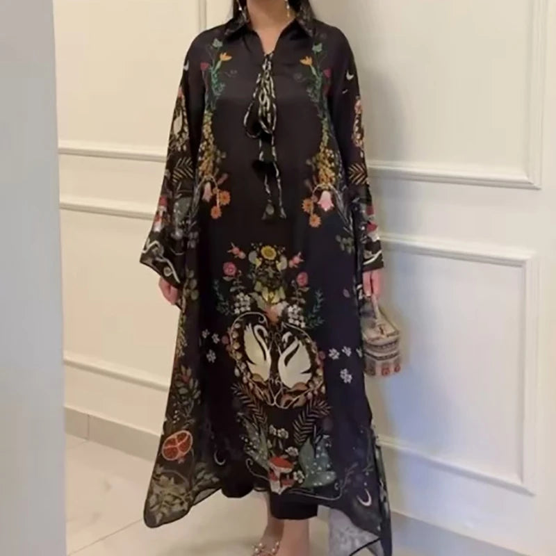 Retro Print Three Quarter Sleeve Midi Dress for Women