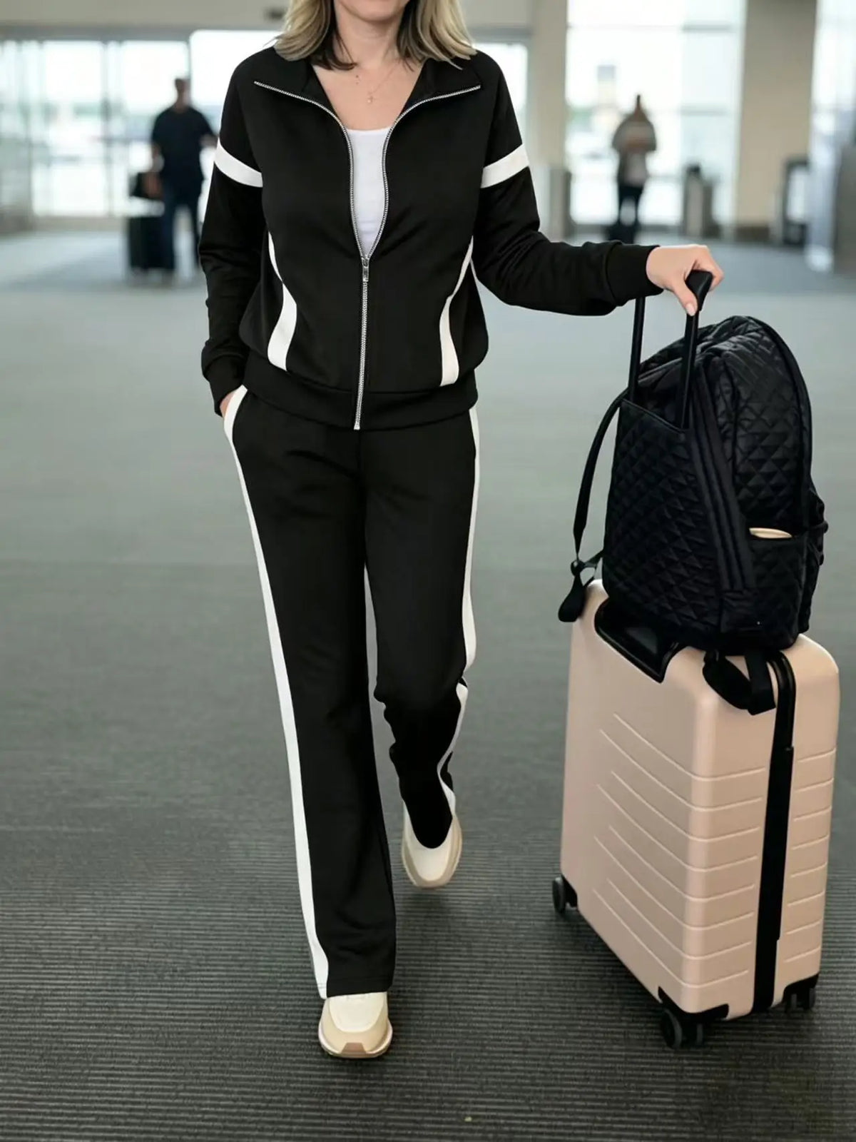 Contrast Long Sleeve Jacket And Striped Trousers Set for Women
