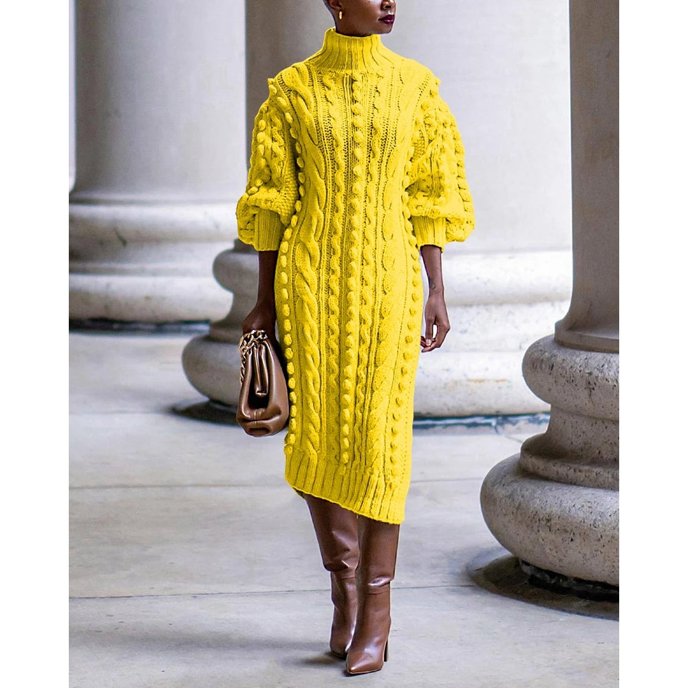 Autumn Women High Neck Twist Rope Lantern Sleeve Side Slit Knitted Sweater Dress New Fashion Femme Casual Dress Robe Clothing