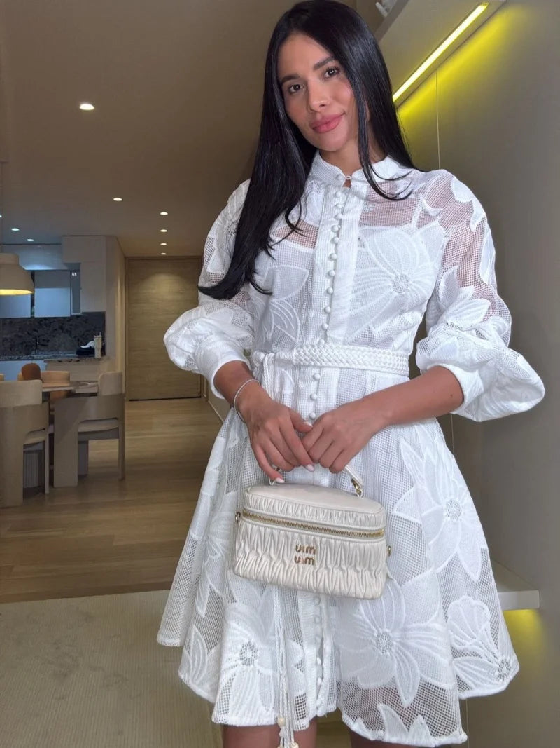 Elegant Embroidered Lantern Sleeve Midi Dress for Women