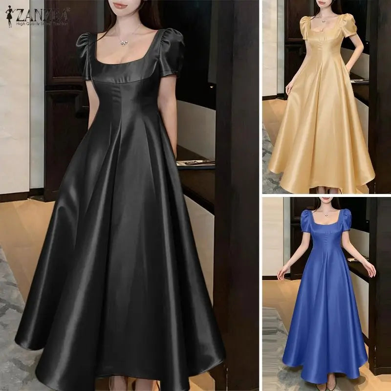 Square Neck Satin Puff Sleeve Maxi Dress
