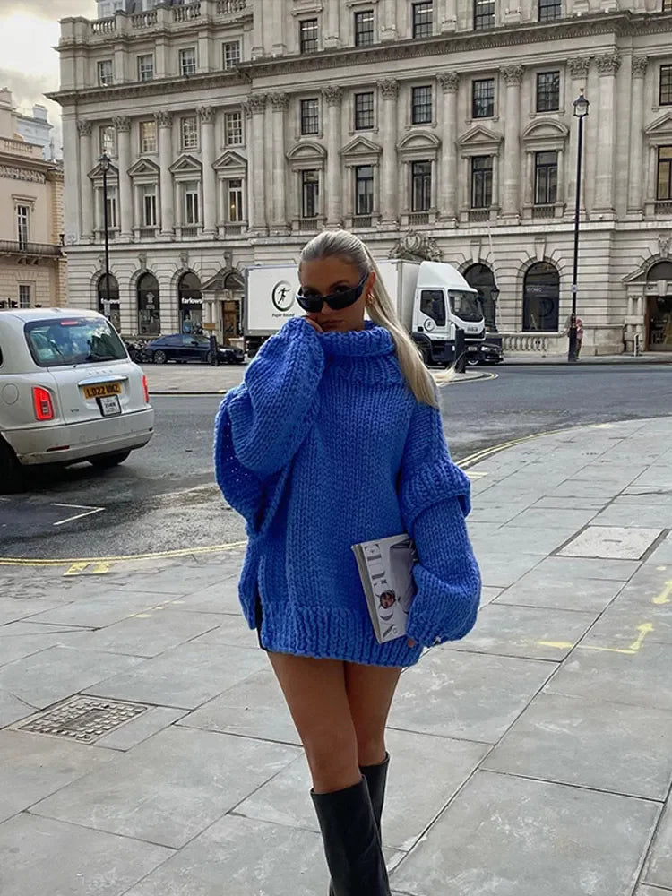 Oversized Knit Turtleneck Sweater With Lantern Sleeves For Women