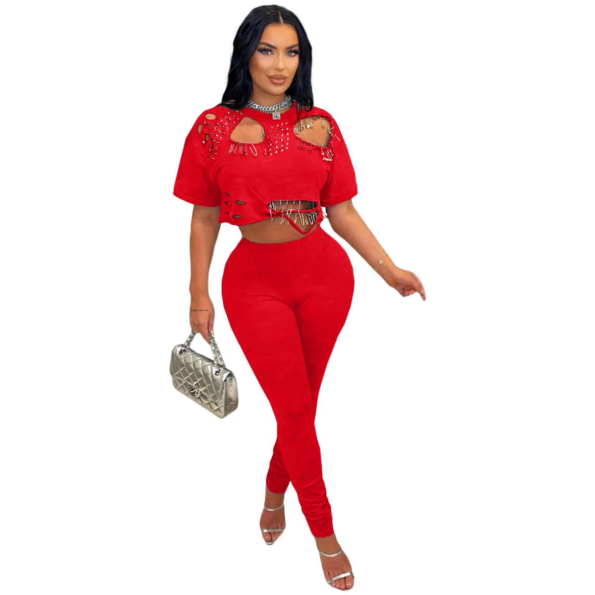 Casual Short Sleeve Hollow Out Two-Piece Tracksuit for Women