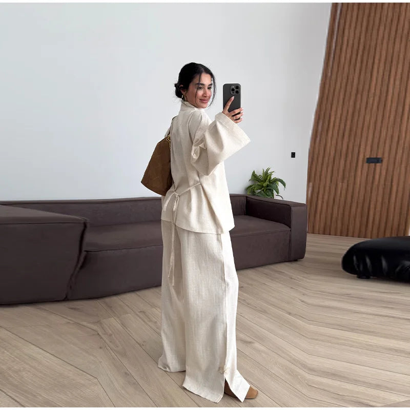 Casual Cotton Coat And Wide Leg Trouser Set for Women