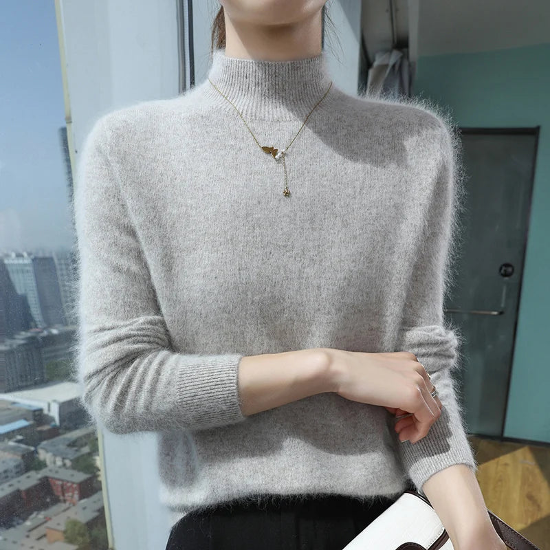 Loose Cashmere Knit Half High Neck Pullover Sweater for Women