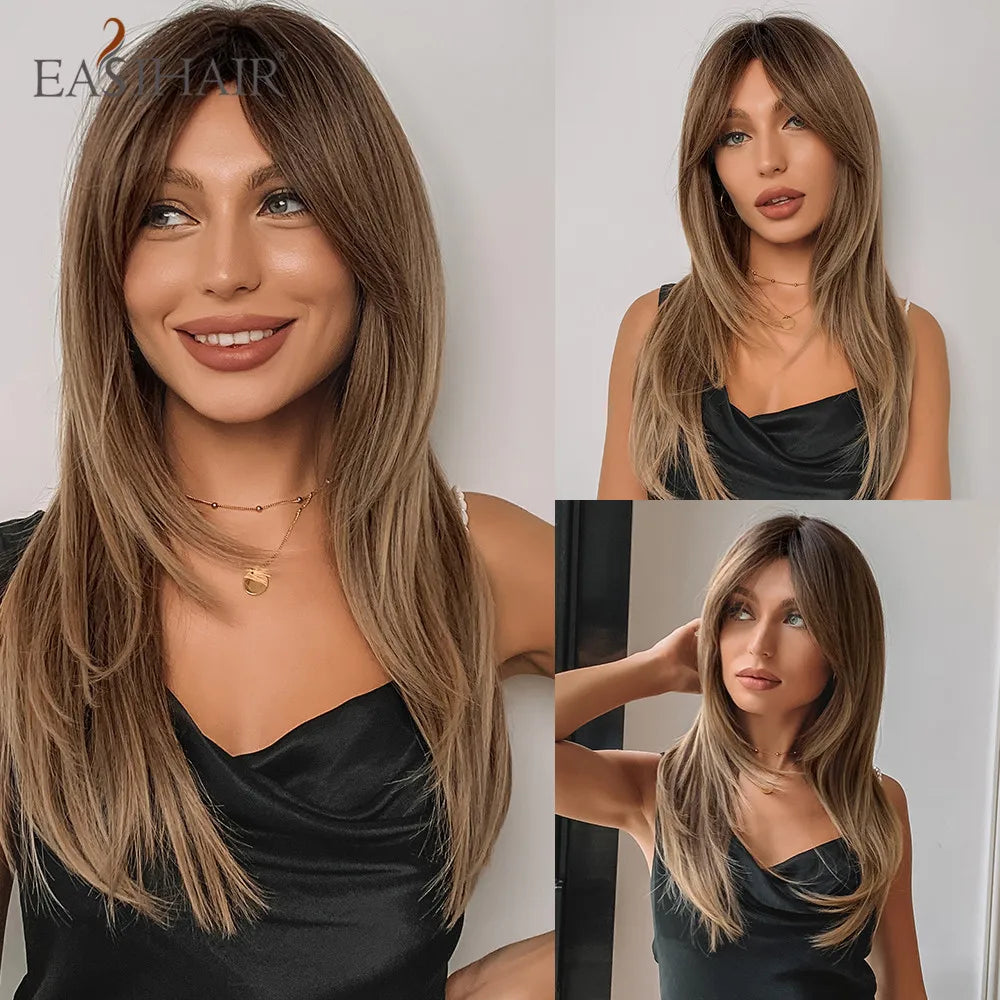 Dark Brown Synthetic Layered Wig With Bangs for Women