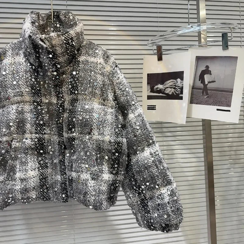 Autumn Winter New Unique Design Parkas Top Sequined Tweed Heavy Industry Soft Girls Warm Bread Jacket Down Coat Women's Clothing
