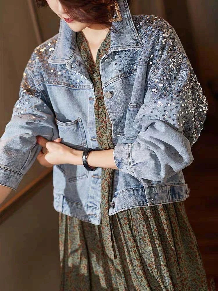 Sequin Embellished Short Denim Jacket for Women with Pockets