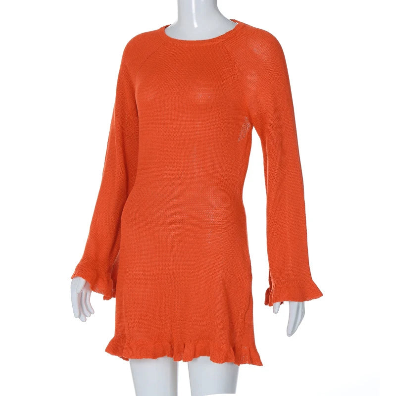 2025 Women Ins Style Sexy Backless Neck-hanging Long Sleeve Fishtail Dress Knit Beachwear Summer Swimsuit Bikini Cover-ups A2825