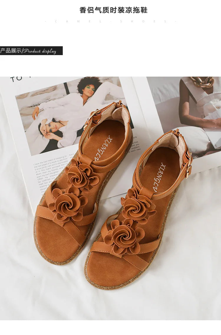 Strappy Bohemian Floral Printed Flat Sandals for Women