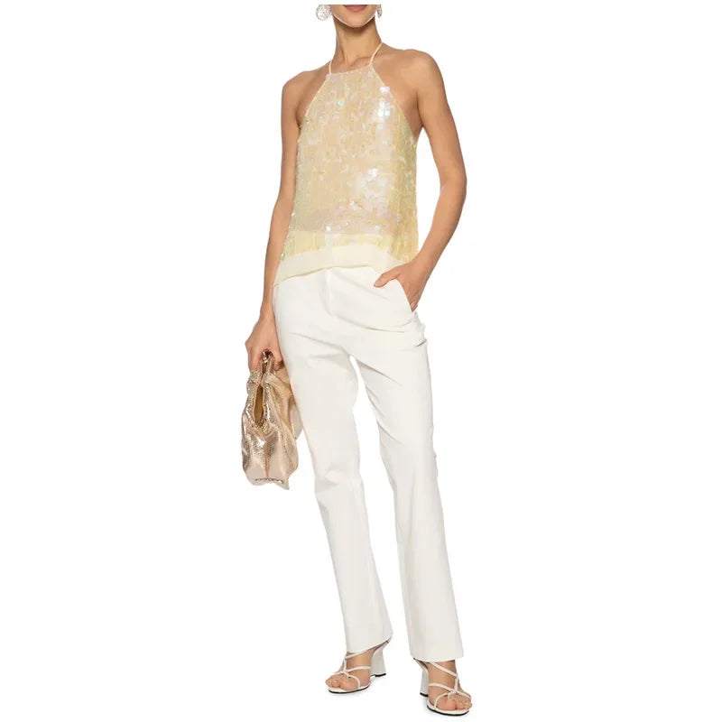 Elegant Sequined Mesh Backless Halter Top for Women