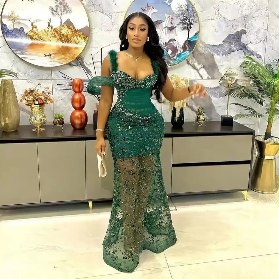 Emerald Halter Beaded Feather Prom Dress