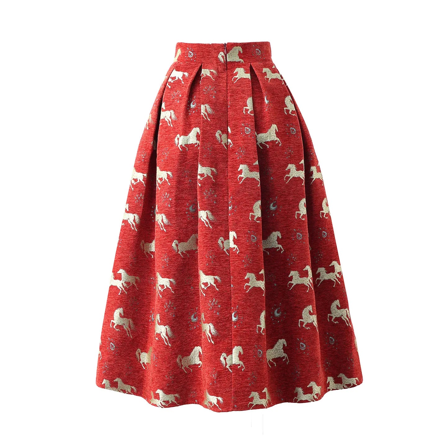 High Quality New Year Red Autumn Winter Vintage Jacquard Mid-long Women A-line Skirt Elegant High Waist Lady Casual Puff Skirts