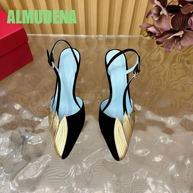 Pointed Toe High Heel Woven Color Block Sandals for Women