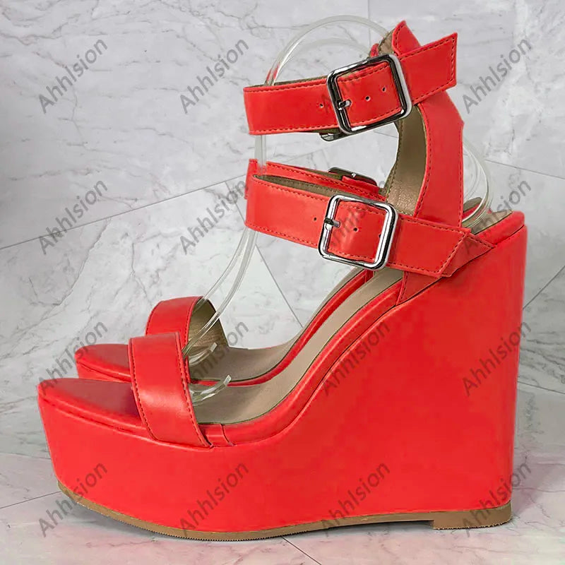 Yellow Open Toe Buckle Platform Wedge Sandals For Women