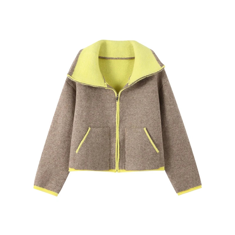 Fuzz Yellow Contrast Long Sleeve With Zipper Coat for Women