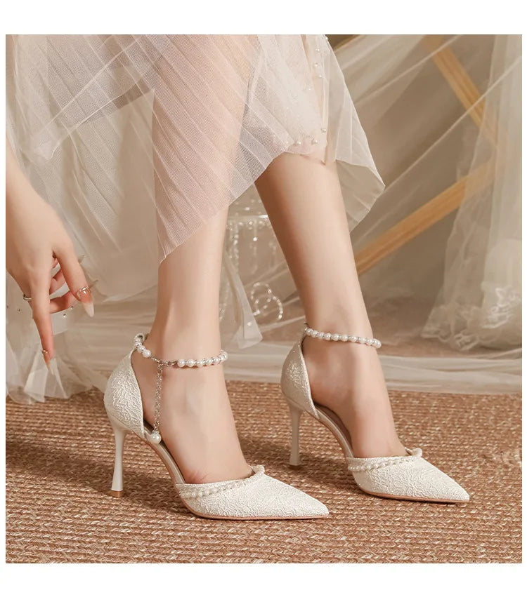 White Pearl Buckle Pointed Bridal Heels