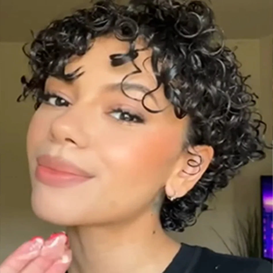 Black Kinky Curly Pixie Remy Human Hair Wig for Women