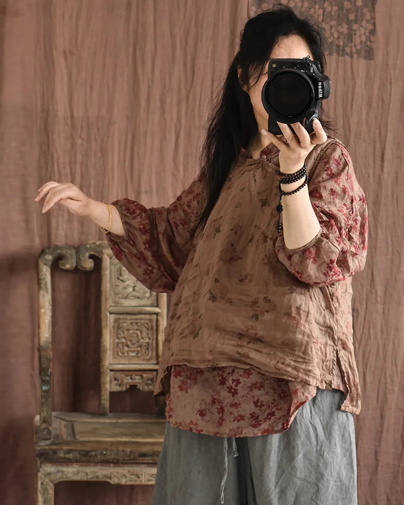 Casual Linen Tank Top With Vintage Floral Print for Women