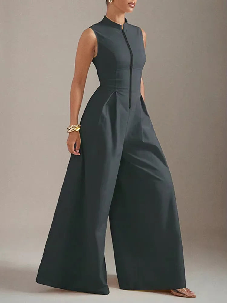 Women's Minimalist Stand Collar Zip Up High Waisted Wide Leg Jumpsuit 2026 New Sleeveless Solid Color Pleated Casual Romper