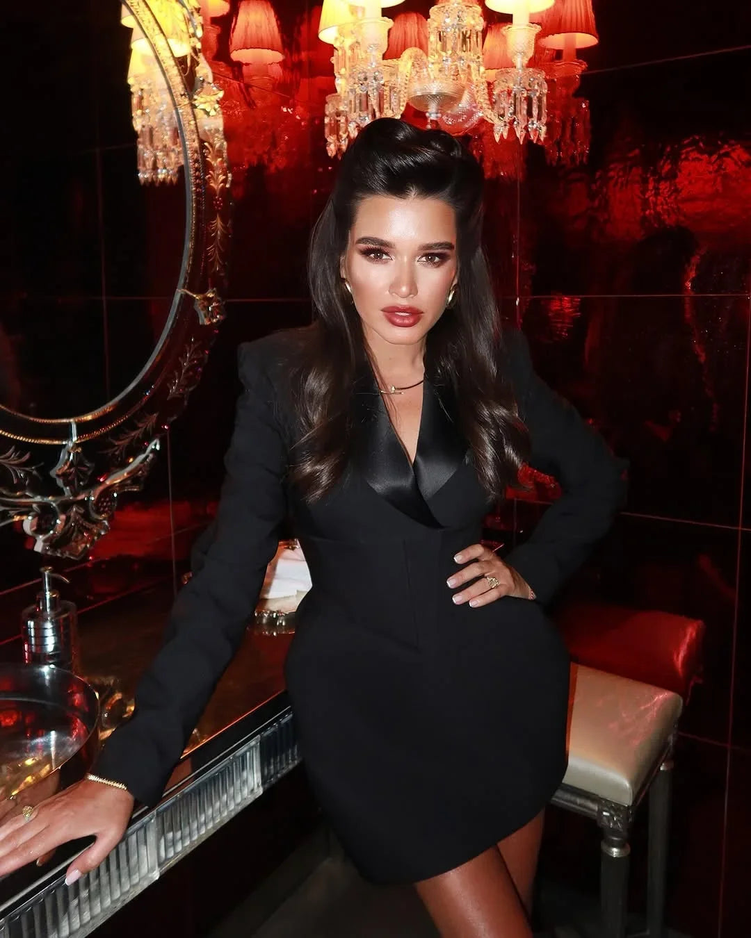 Elegant Black Women Dresses Chic V-neck Cinched Waist Shoulder Pads Dress 2025 Long Sleeve Mini Party Ladies Chic Street Gowns