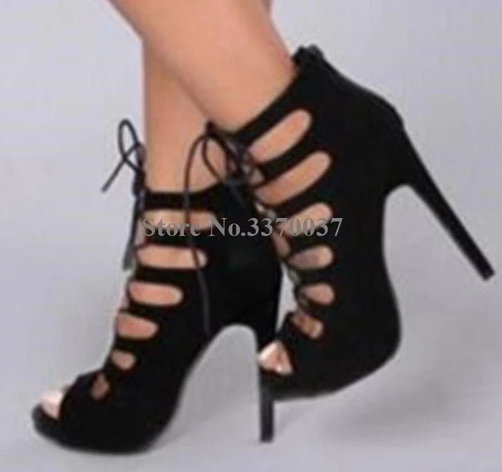 Lace Up Cross Strap Peep Toe Suede Leather Stiletto Pumps for Women