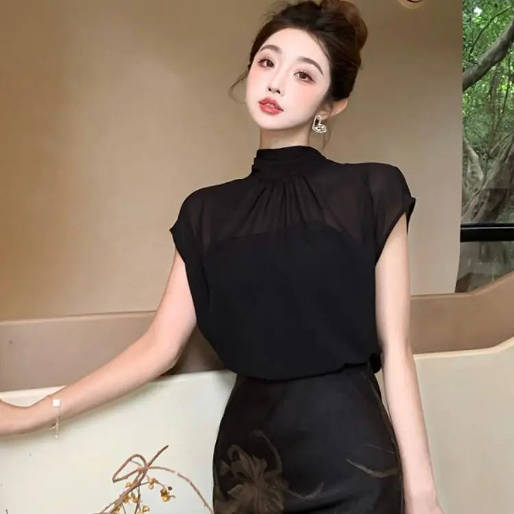 Chiffon Stand Collar Black Printed Three Piece Set for Women