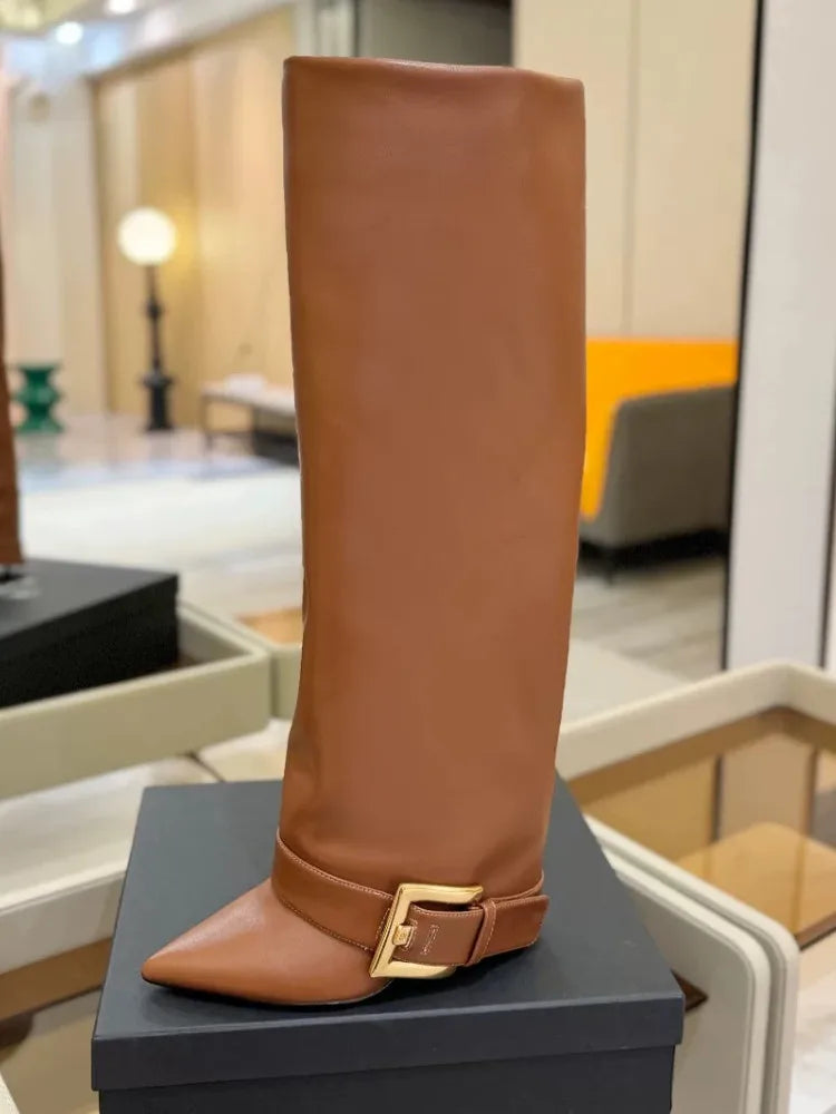 Pointed Toe Knee-High Boots With Belt Buckle for Women