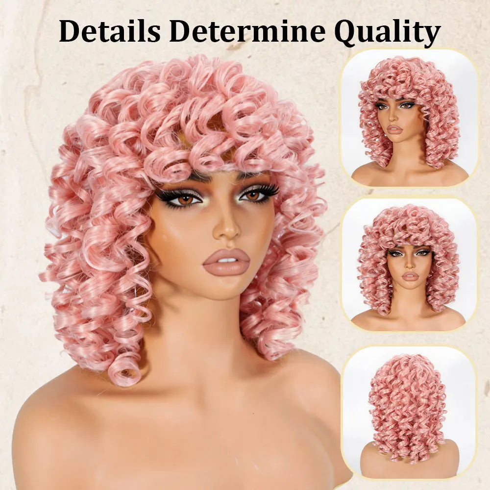 Soft Pink Short Afro Curly Bangs Synthetic Wig for Women