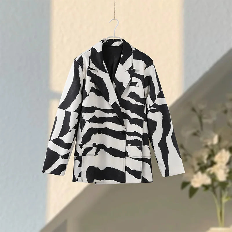 Oversized Zebra Print Long Sleeve Blazer for Women