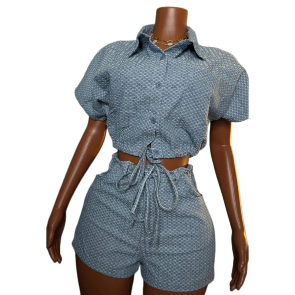 Embroidered Polo Neck Two Piece Denim Shorts Set for Women