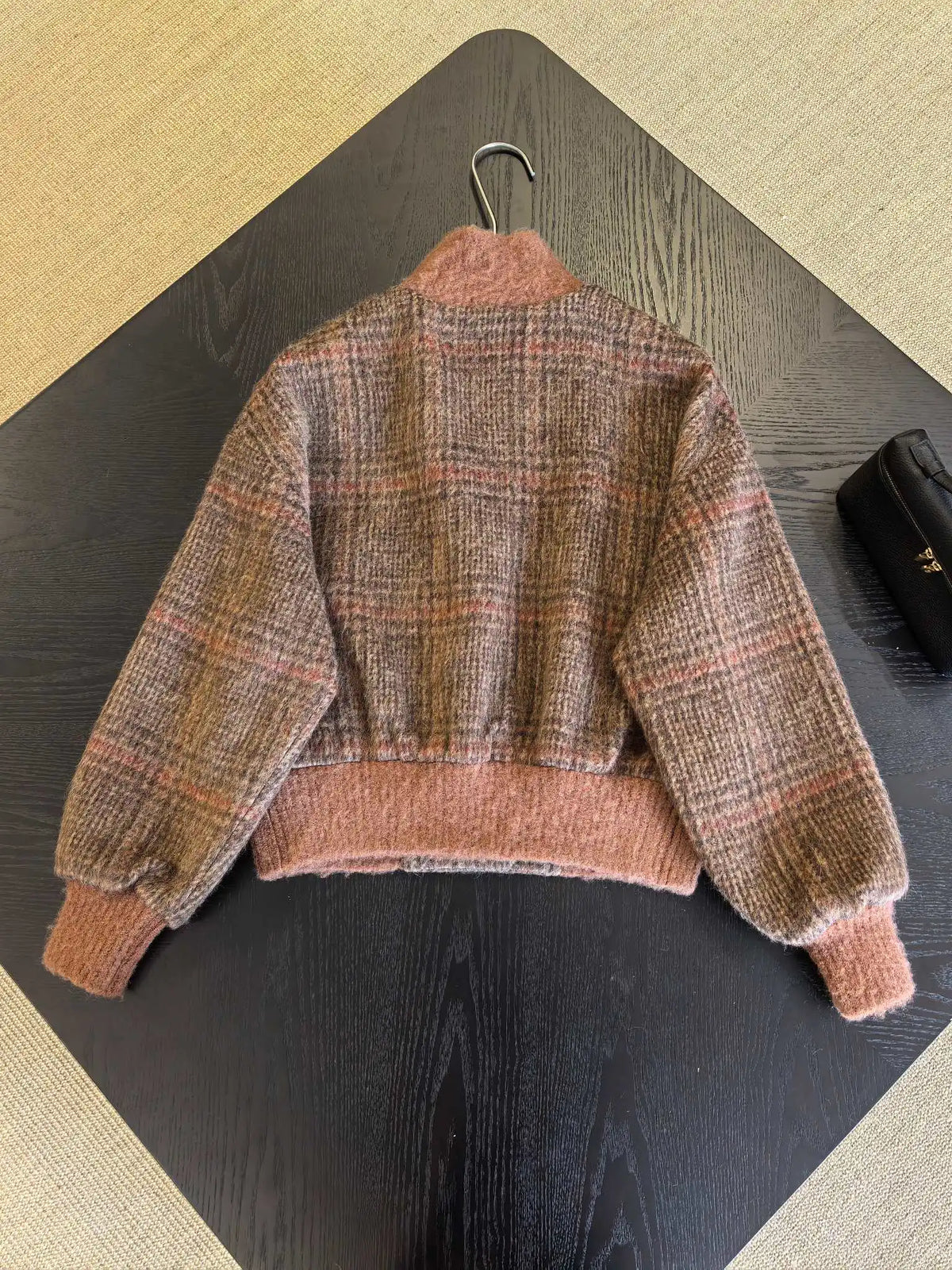 Vintage Plaid Wool Blend Stand Collar Jacket for Women