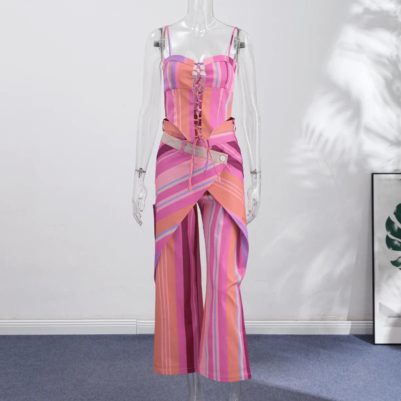 Striped Patchwork Vest and Asymmetric Trousers Set for Women