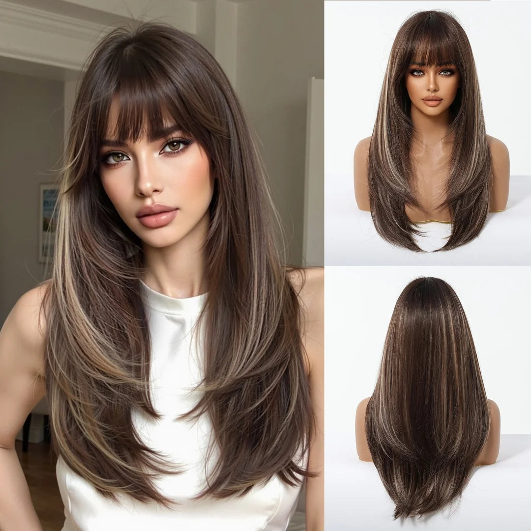 Long Straight Synthetic Wig With Bangs and Red Highlights for Women