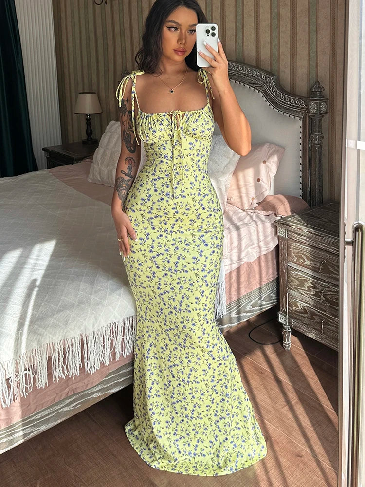Sleeveless Floral Print Lace Up Backless Maxi Dress for Women