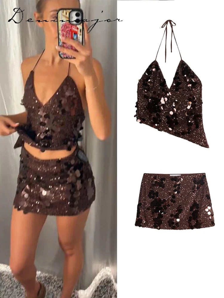 Sequin Halter Two Piece Top and Mini Skirt Set for Women