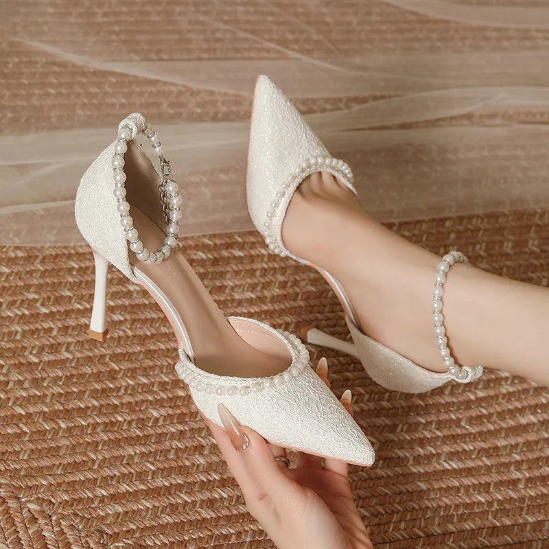 White Pearl Buckle Pointed Bridal Heels
