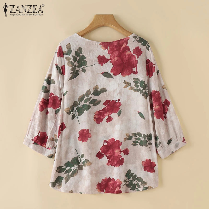 2024 Autumn 3/4 Puff Sleeve Tees ZANZEA Women Round Neck Tops Vintage Ethnic Style T Shirt Holiday Floral Printed Smock Blouse