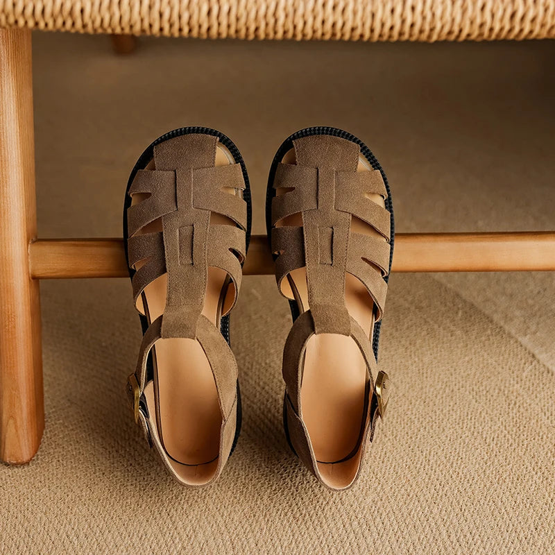 Retro Cowsuede Buckle Strap Closed Toe Sandals for Women