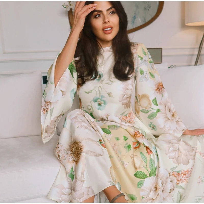 Elegant Print Dress with Stand Collar and Flare Sleeves for Women