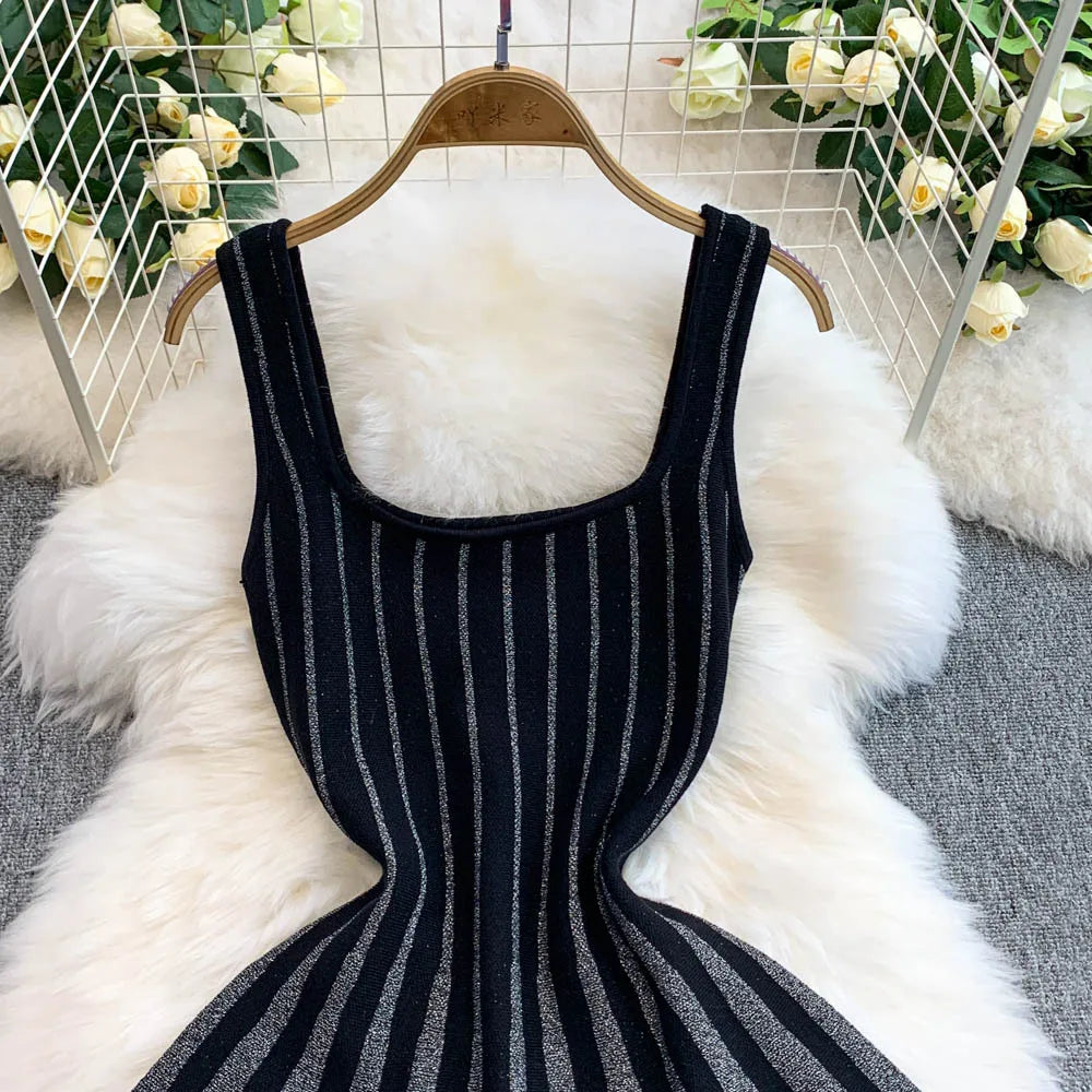 FAGADOER Summer Fashion Knit Bodycon Mini Dresses Women Square Collar Sleeveless Backless High Waist Dress Female Office Vestido