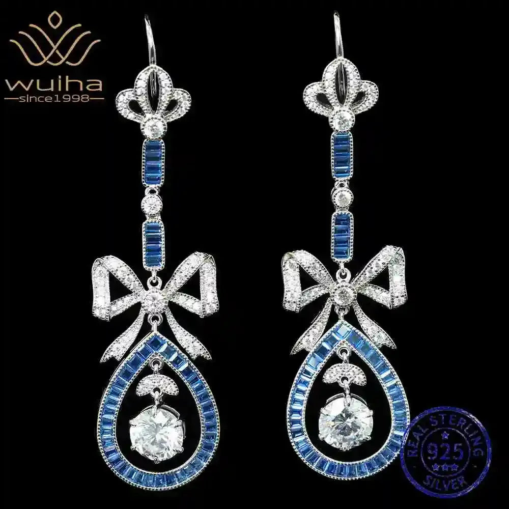 WUIHA Vintage 925 Sterling Silver Lab Sapphire High Carbon Diamonds Wedding Engagement Drop Dangle Bowknot Earrings Fine Jewelry