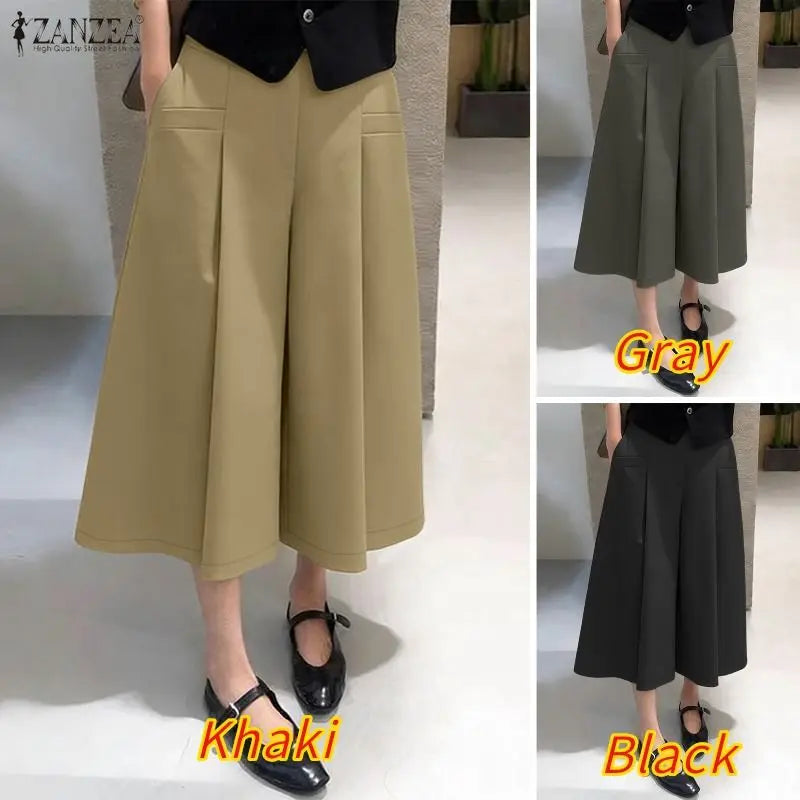 Casual Wide Leg Cropped Trousers With Elastic Waist for Women