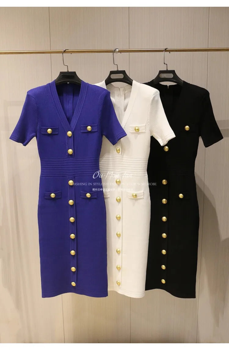 2026 Summer Fashion V-neck Metallic Buckle Knit Bodycon Midi Dress Women's Commute Slim Fit Elegant Short Sleeve Dresses