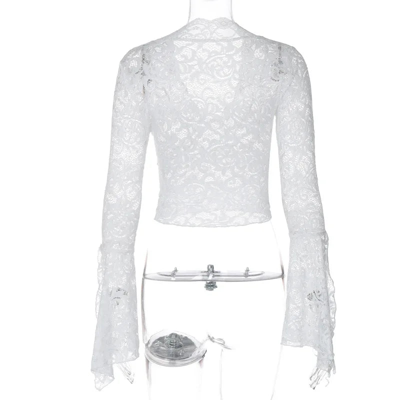 Aesthetic Lace Top Women Sexy Clothing See Through Deep V Neck Flared Long Sleeve T Shirts Party Clothes Clubwear