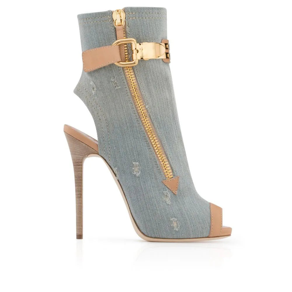 Distressed Denim Open Toe Stiletto Heel Ankle Boots With Gold Buckle for Women