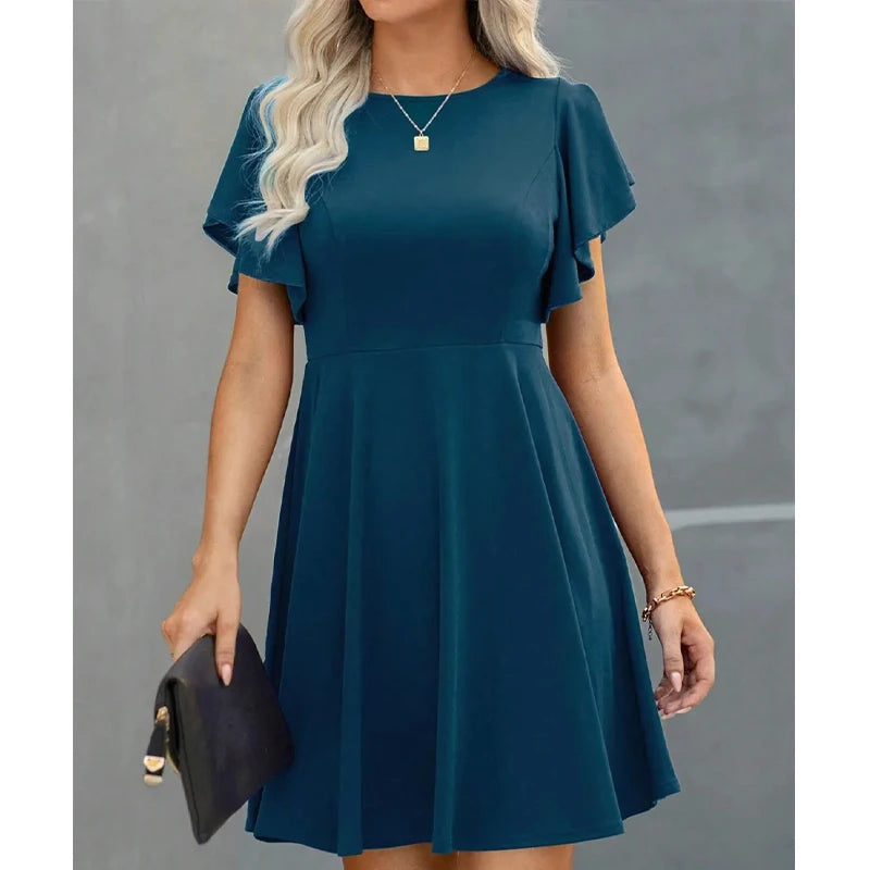 Summer 2025 Women's Dresses Elegant Vintage Ruffle Sleeve Flared A Line Swing Round-Neck Casual Party Cocktail Dress Women Cloth