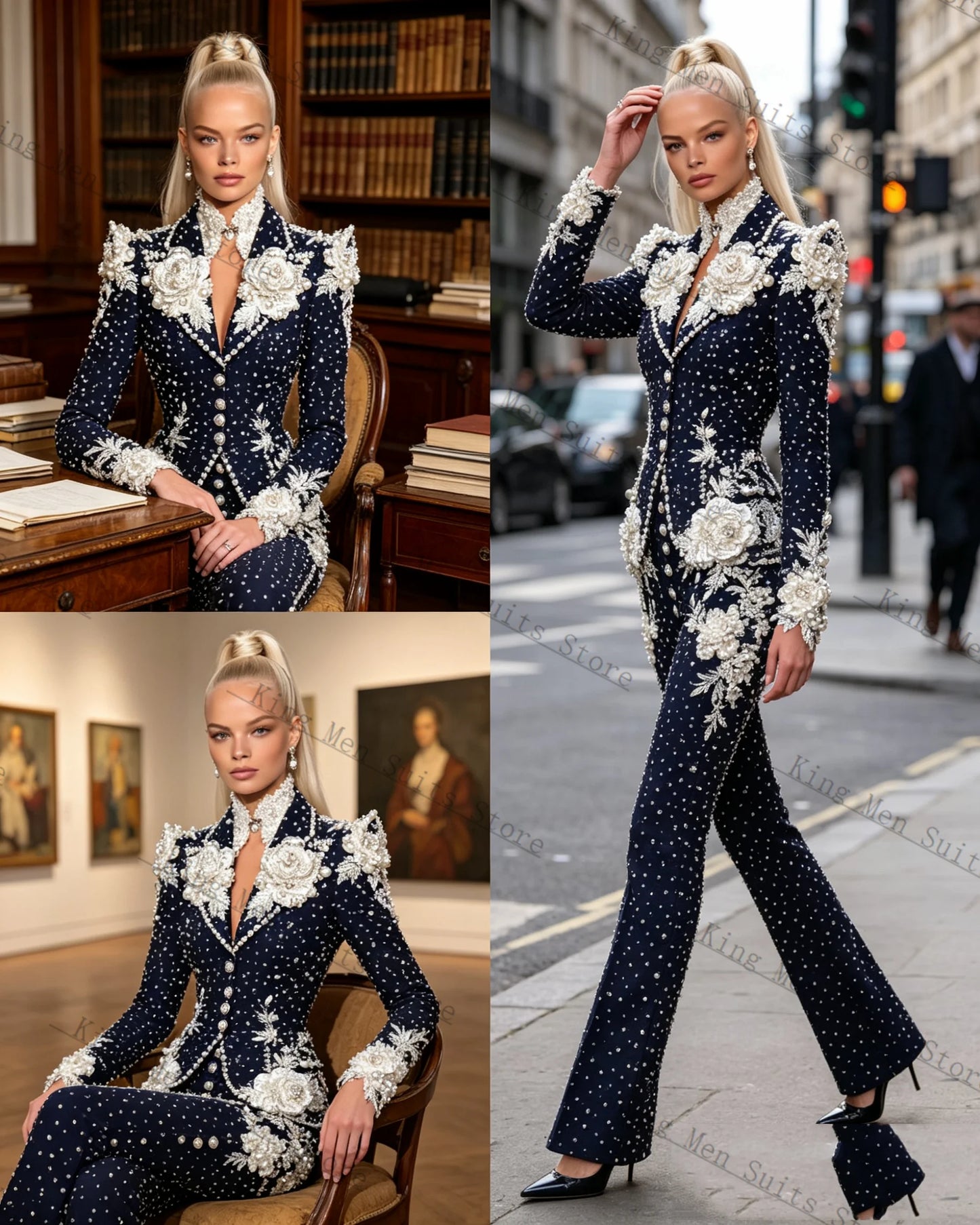 Pearls Formal Women Suits Set 2 Piece Blazer+Pants Trousers 3D Flower Customized Office Lady Jacket Luxury Wedding Prom Coat